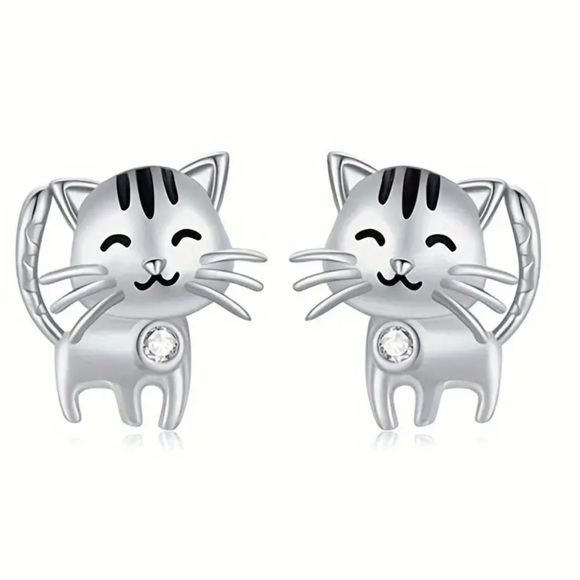 Silver Plated Round Rhinestone Cat Stud Earrings - Picture 3 of 3